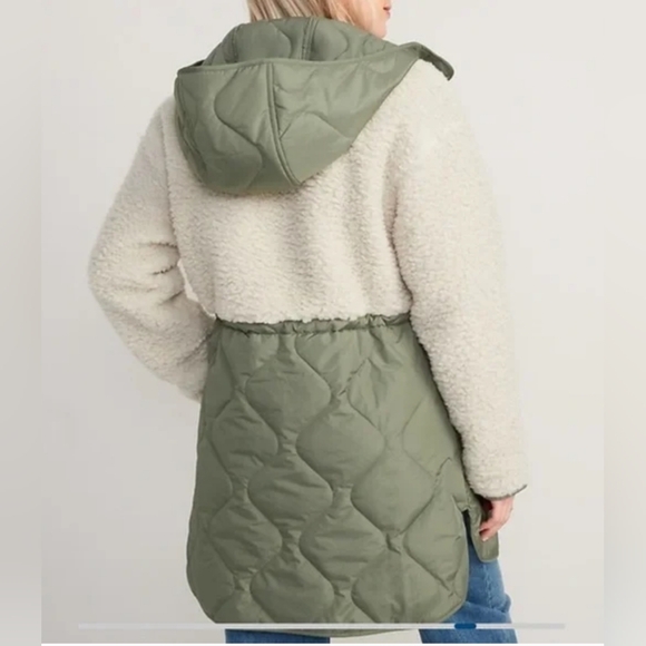 Old Navy Sherpa Quilted Hybrid Coat Green Tan Hooded Size Medium - Picture 2 of 8